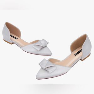 ERIJUNOR Wedding comfortable silver wedding flats w/bow knot detail & pointy toe